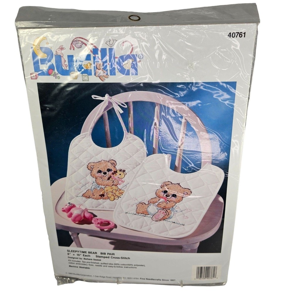 Bucilla Sleepytime Bear Bib Pair Baby Stamped Cross Stitch Kit Teddy 2 Sealed